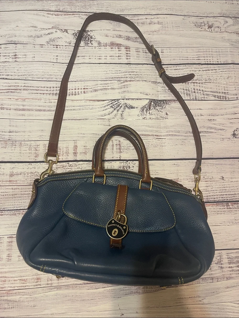 Dooney & Bourke Samba Satchel Classic Navy Leather Satchel with Brown Trim